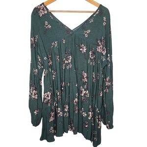 JADE by JANE Women's V Neck Bohemian Floral Blouse Green Pink Size XL